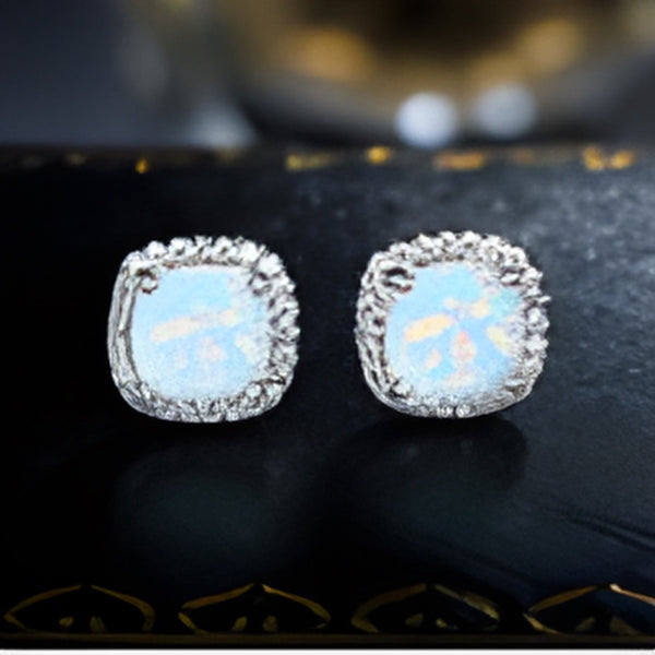 Silver-Tone White Simulated Opal Square Crystal Halo Stud Earrings