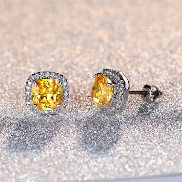 Silver-Tone Yellow Cushion Crystal Halo Screw-Back Stud Earrings