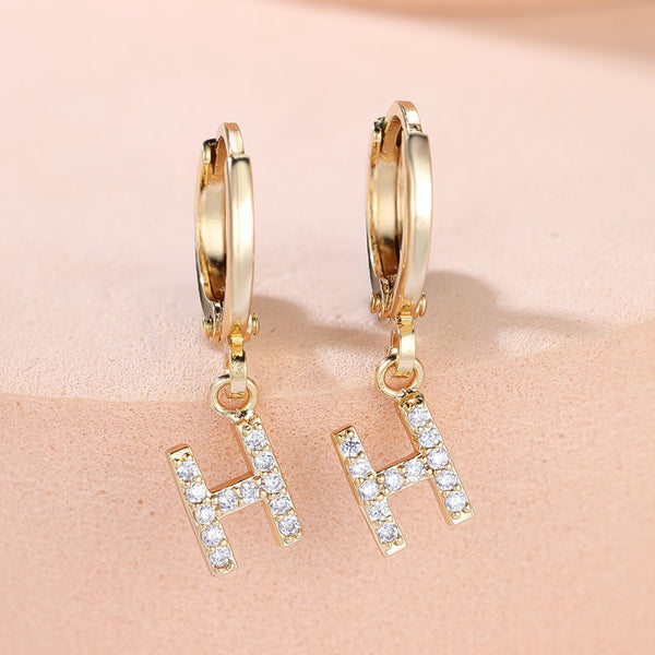Gold-Tone Initial H Crystal Letter Charm Huggie Hoop Earrings