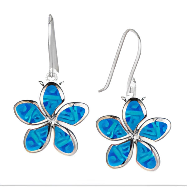 Silver-Tone Blue Simulated Opal Inlay Plumeria Flower Drop Earrings