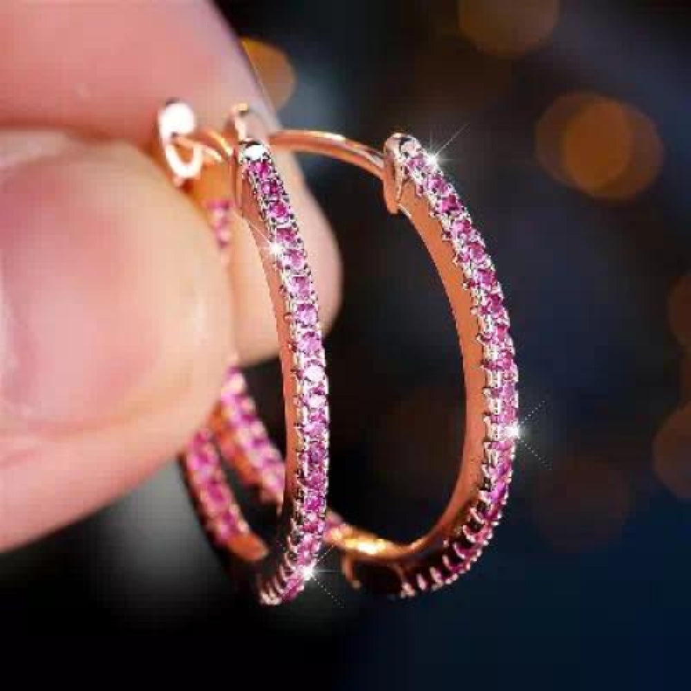 Rose Gold-Tone Ruby-Red Crystal Pave Slim Round Hoop Earrings