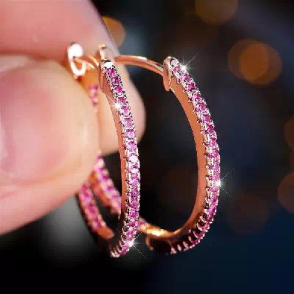 Rose Gold-Tone Ruby-Red Crystal Pave Slim Round Hoop Earrings