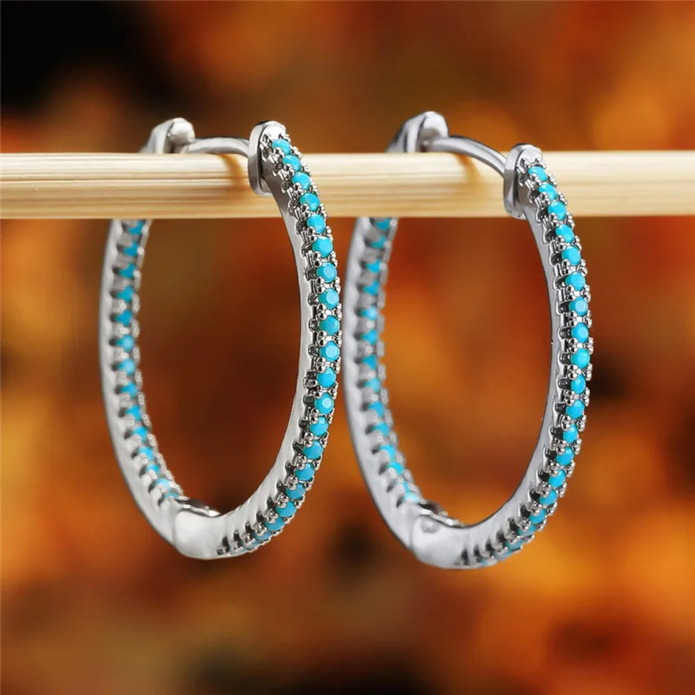 Silver-Tone Turquoise-Blue Crystal Inside-Out Hoop Earrings