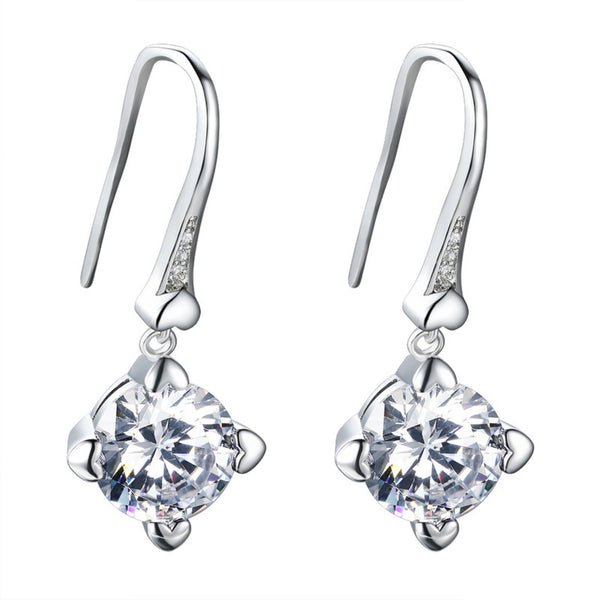 Silver-Tone Round White Crystal Solitaire Drop Earrings