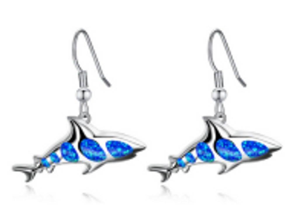 Silver-Tone Blue Simulated Opal Fish Drop Earrings