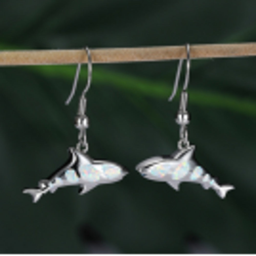 Silver-Tone White Simulated Opal Fish Drop Earrings