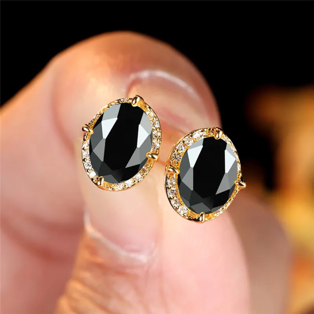Gold-Tone Oval Black Crystal Stud Earrings With Crystal Halo