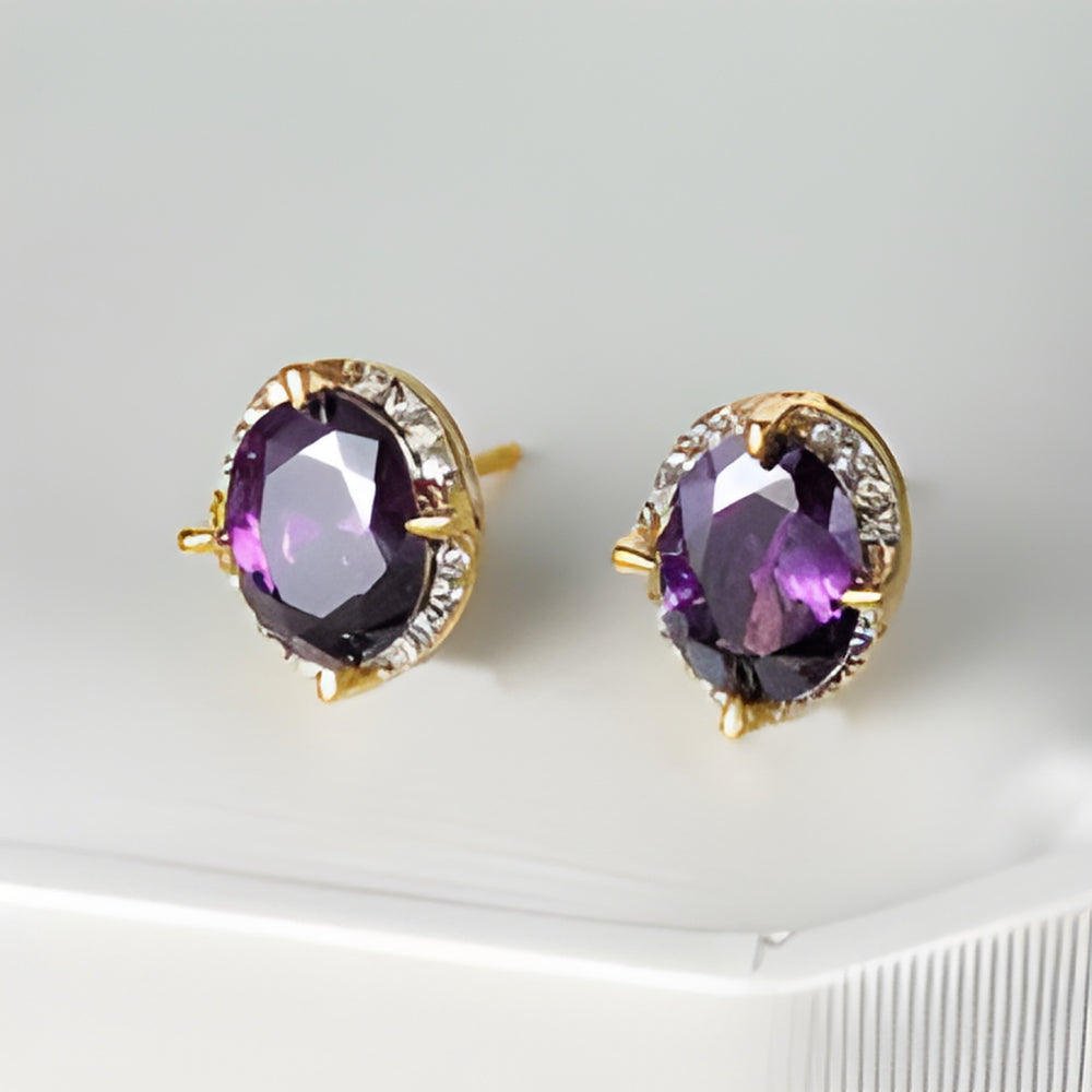 Gold-Tone Oval Purple Crystal Curved Accent Stud Earrings