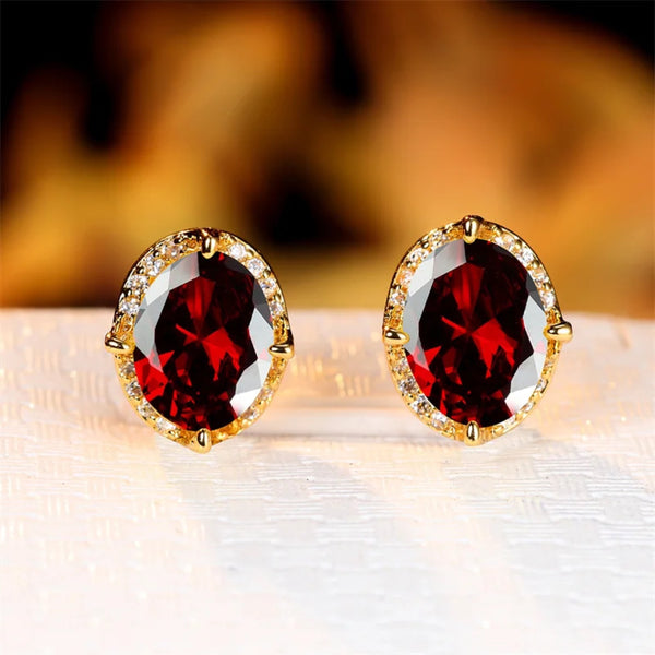 Gold-Tone Red Oval Crystal Stud Earrings With Crystal Halo