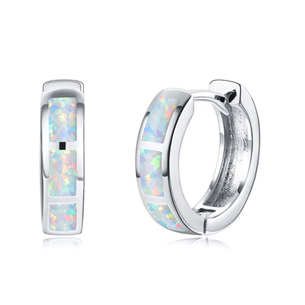 Silver-Tone White Simulated Opal Triple-Inlay Huggie Hoop Earrings