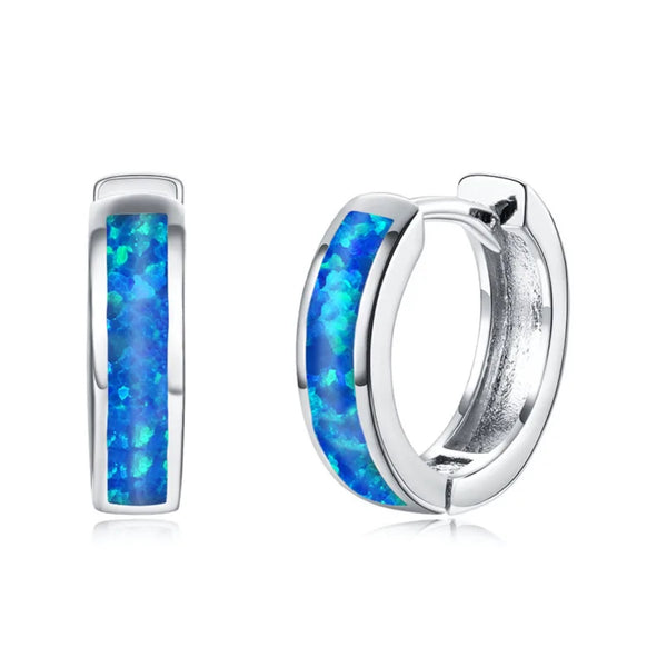 Silver-Tone Blue Simulated Opal Inlay Huggie Hoop Earrings