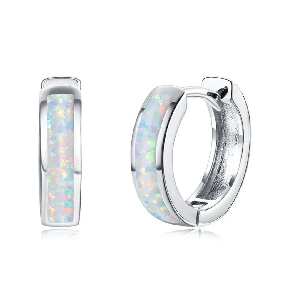 Silver-Tone White Simulated Opal Half-Hoop Stud Earrings