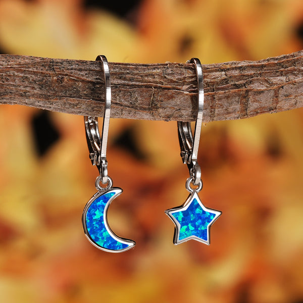 Silver-Tone Blue Simulated Opal Star and Moon Mismatched Drop Earrings