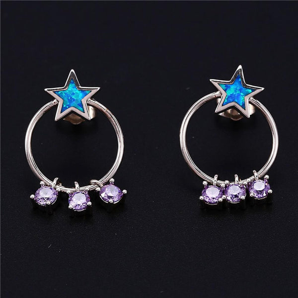 Silver-Tone Haloed Blue Simulated Opal Star Drop Earrings