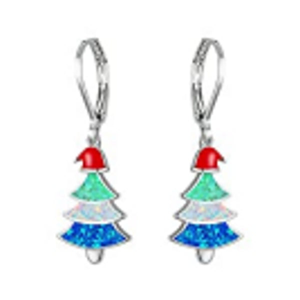 Silver-Tone Blue Simulated Opal Christmas Drop Earrings