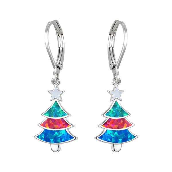 Silver-Tone Multicolor Simulated Opal Christmas Tree Drop Earrings