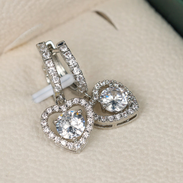 Silver-Tone White Crystal Openwork Heart Drop Huggie Earrings