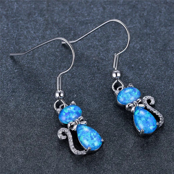 Silver-Tone Blue Simulated Opal Cat & Crystal Bow Drop Earrings
