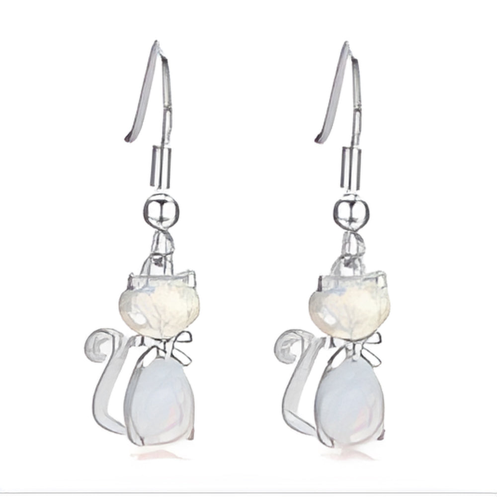 Silver-Tone White Simulated Opal & Crystal Cat With Bow Drop Earrings
