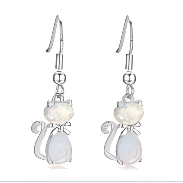 Silver-Tone White Simulated Opal & Crystal Cat With Bow Drop Earrings