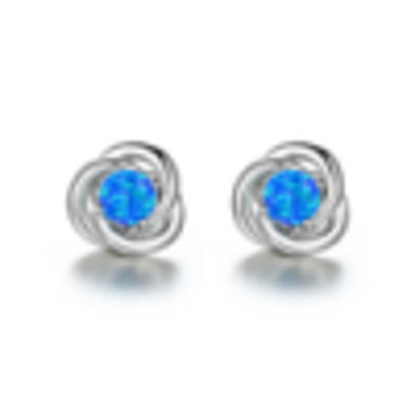 Silver-Tone Four-Prong Blue Simulated Opal Stud Earrings