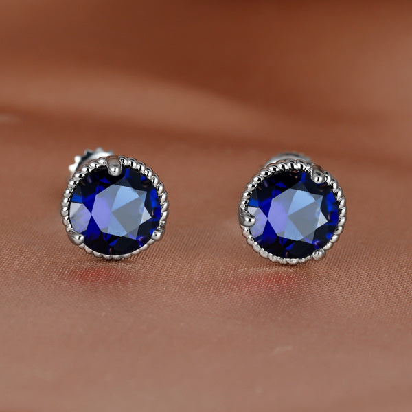 Silver-Tone Royal Blue Crystal Round Twisted Rope Stud Earrings