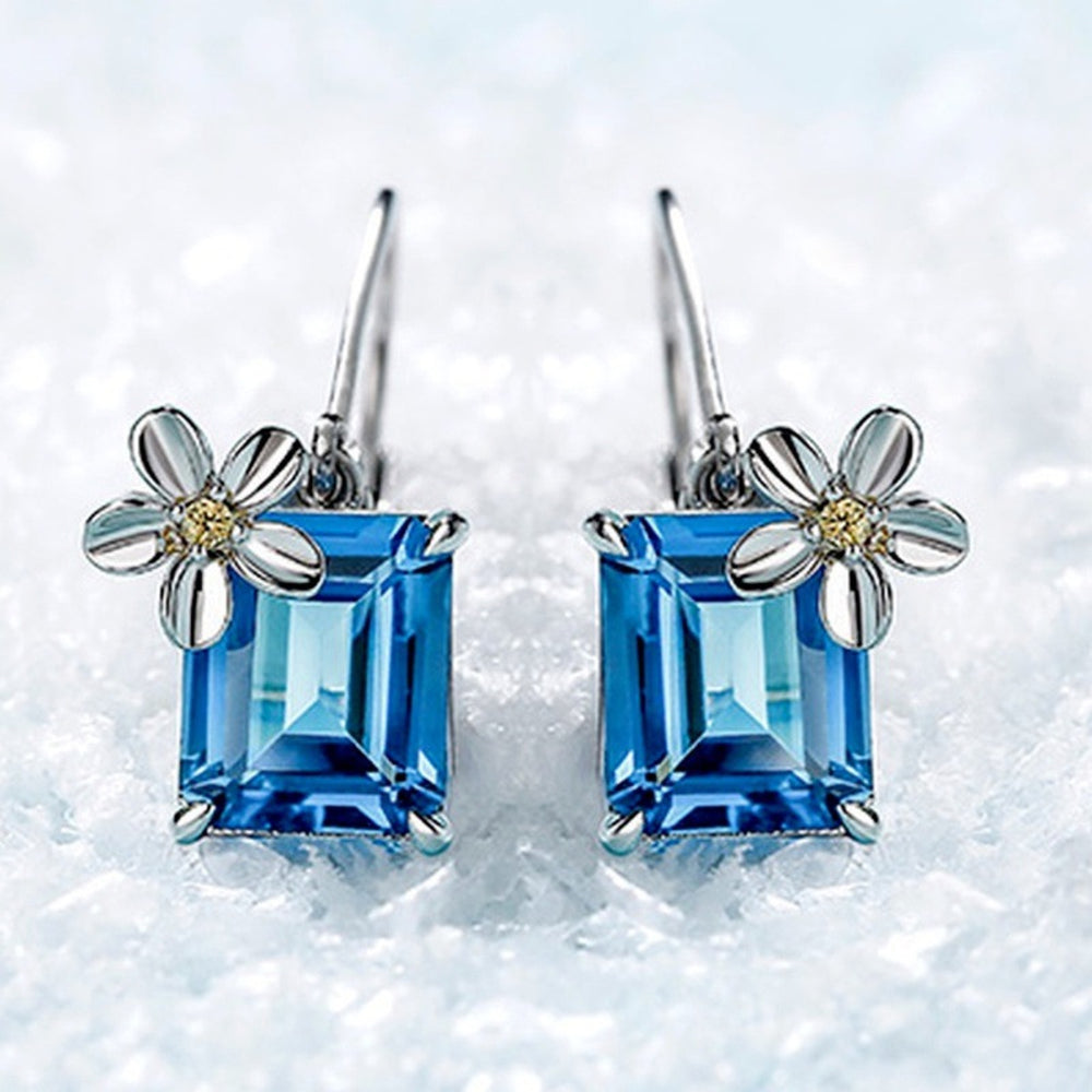 Silver-Tone Aqua Blue Emerald-Cut Crystal Flower Earrings