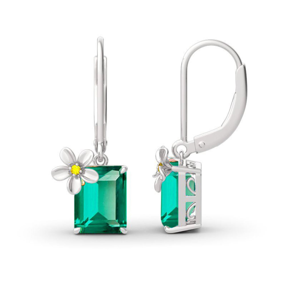 Silver-Tone Emerald-Green Crystal Emerald-Cut Flower Drop Earrings