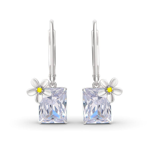 Silver-Tone Rectangular Clear Crystal Daisy Flower Huggie Earrings