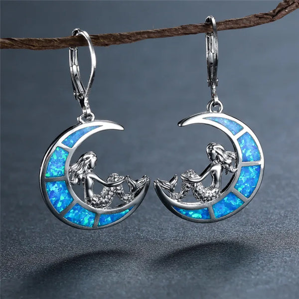 Silver-Tone Blue Simulated Opal Crescent Moon Mermaid Drop Earrings