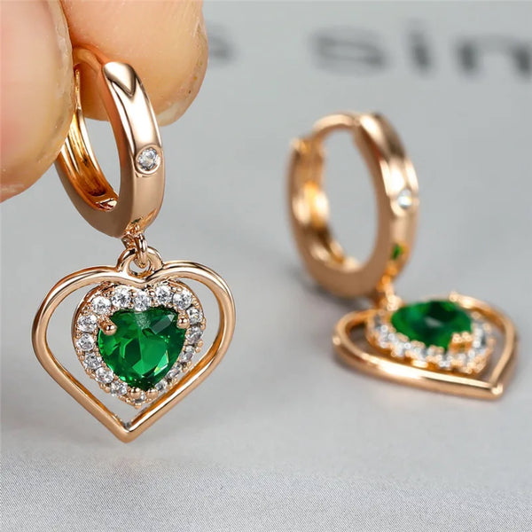 Champagne Gold-Tone Green Crystal Heart Halo Drop Earrings