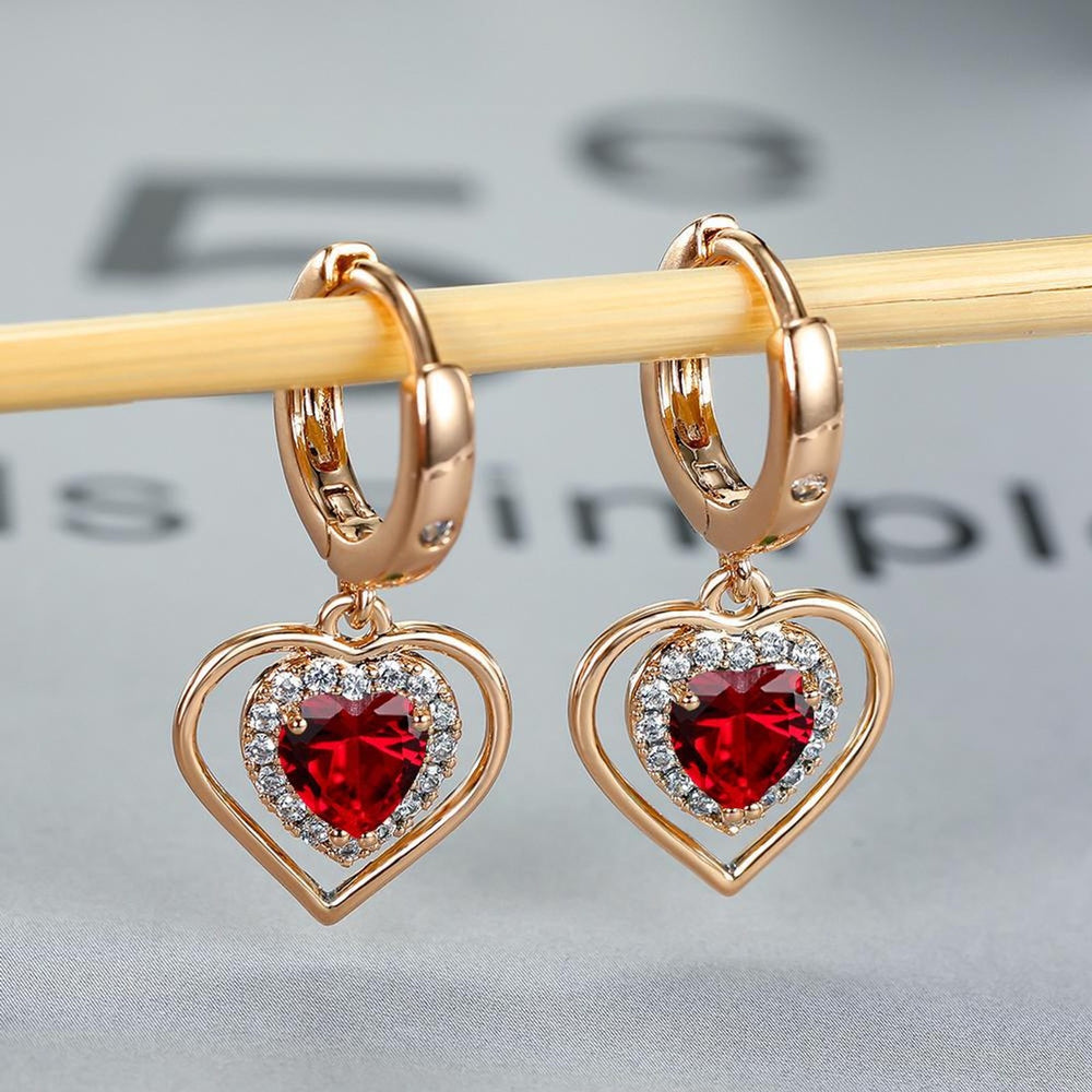 Champagne Gold-Tone Red Crystal Heart Huggie Earrings
