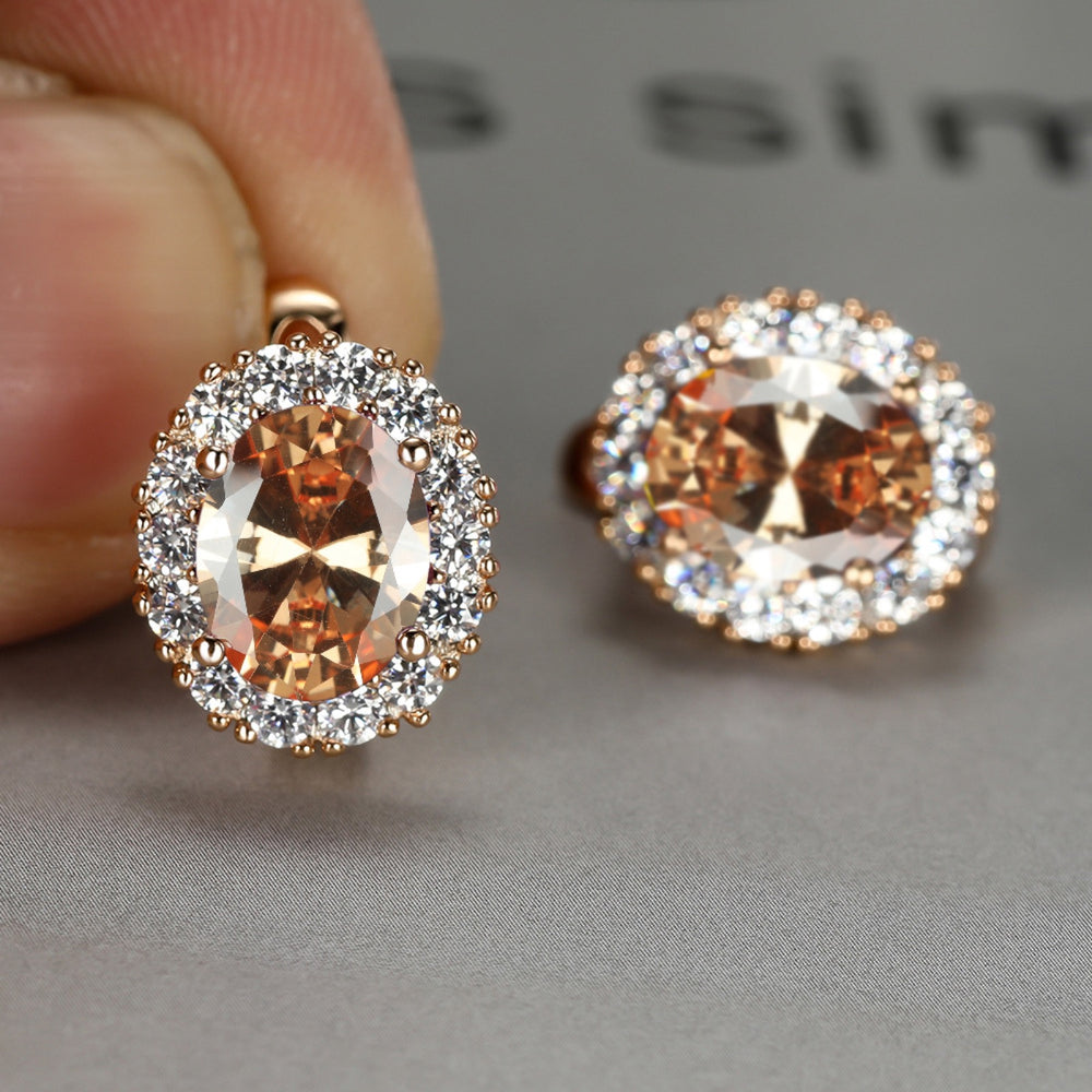Champagne Gold-Tone Champagne Oval Crystal Halo Huggie Earrings