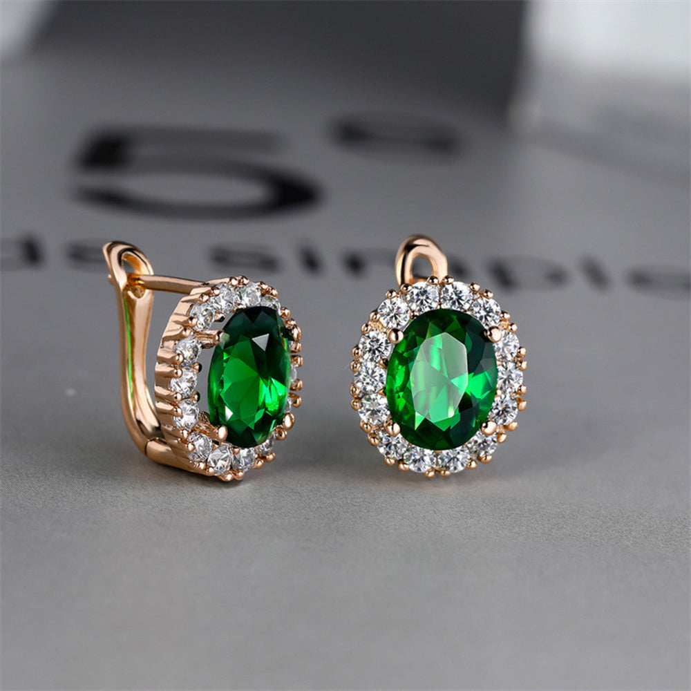 Champagne Gold-Tone Oval Green Crystal Halo Huggie Earrings