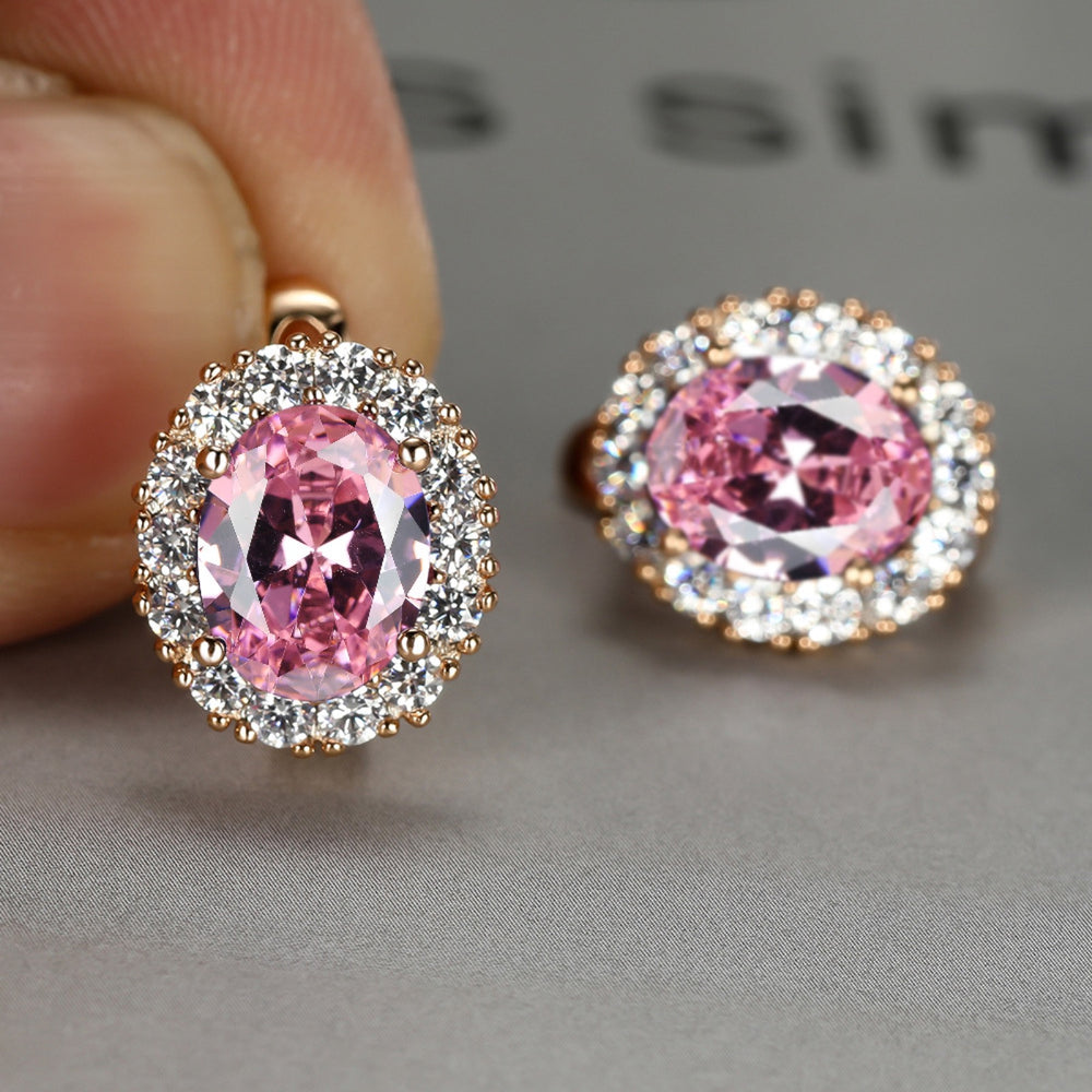 Champagne Gold-Tone Oval Pink Crystal Halo Huggie Earrings
