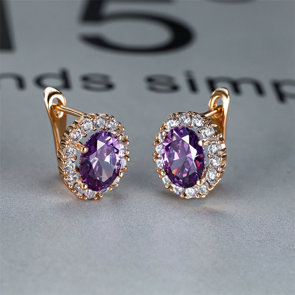 Champagne Gold-Tone Purple Oval Crystal Halo Huggie Earrings