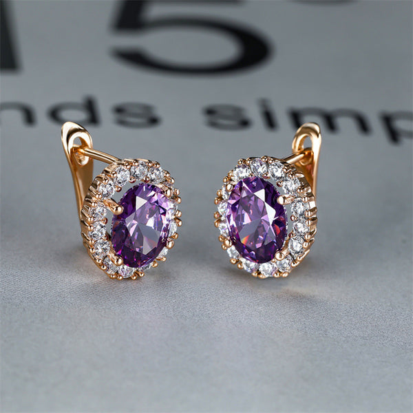 Champagne Gold-Tone Purple Oval Crystal Halo Huggie Earrings