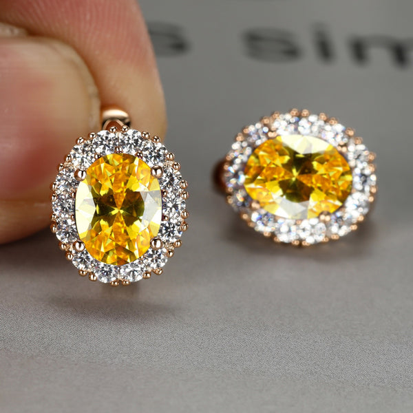 Champagne Gold-Tone Yellow Oval Crystal Halo Huggie Earrings