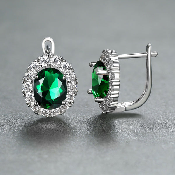 Silver-Tone Oval Green Crystal Halo Huggie Earrings