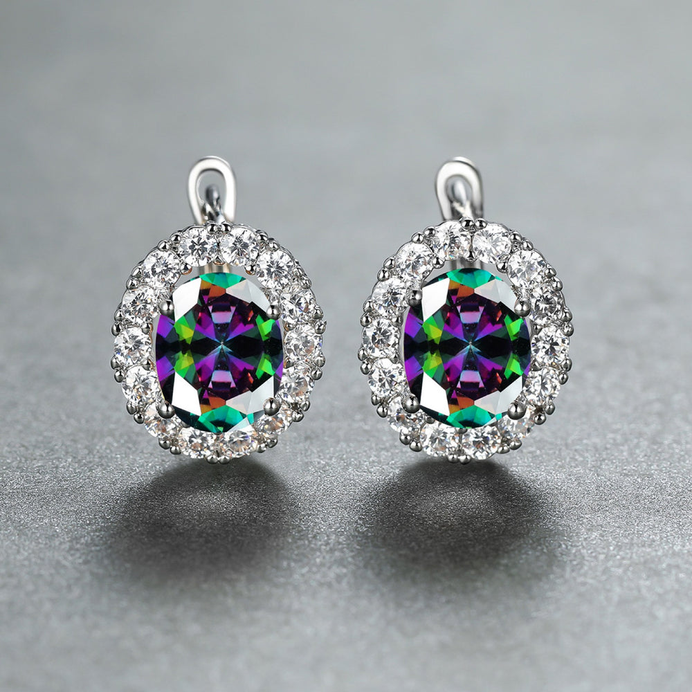 Silver-Tone Oval Mystic Rainbow Crystal Halo Huggie Earrings