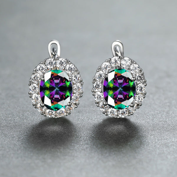 Silver-Tone Oval Mystic Rainbow Crystal Halo Huggie Earrings