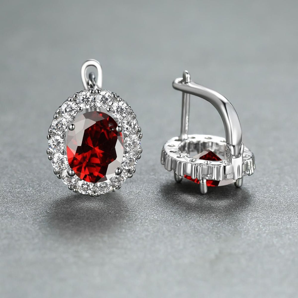 Silver-Tone Oval Red Crystal Halo Huggie Earrings with White Pave