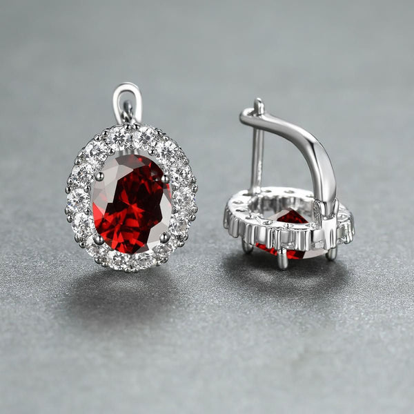 Silver-Tone Oval Red Crystal Halo Huggie Earrings with White Pave