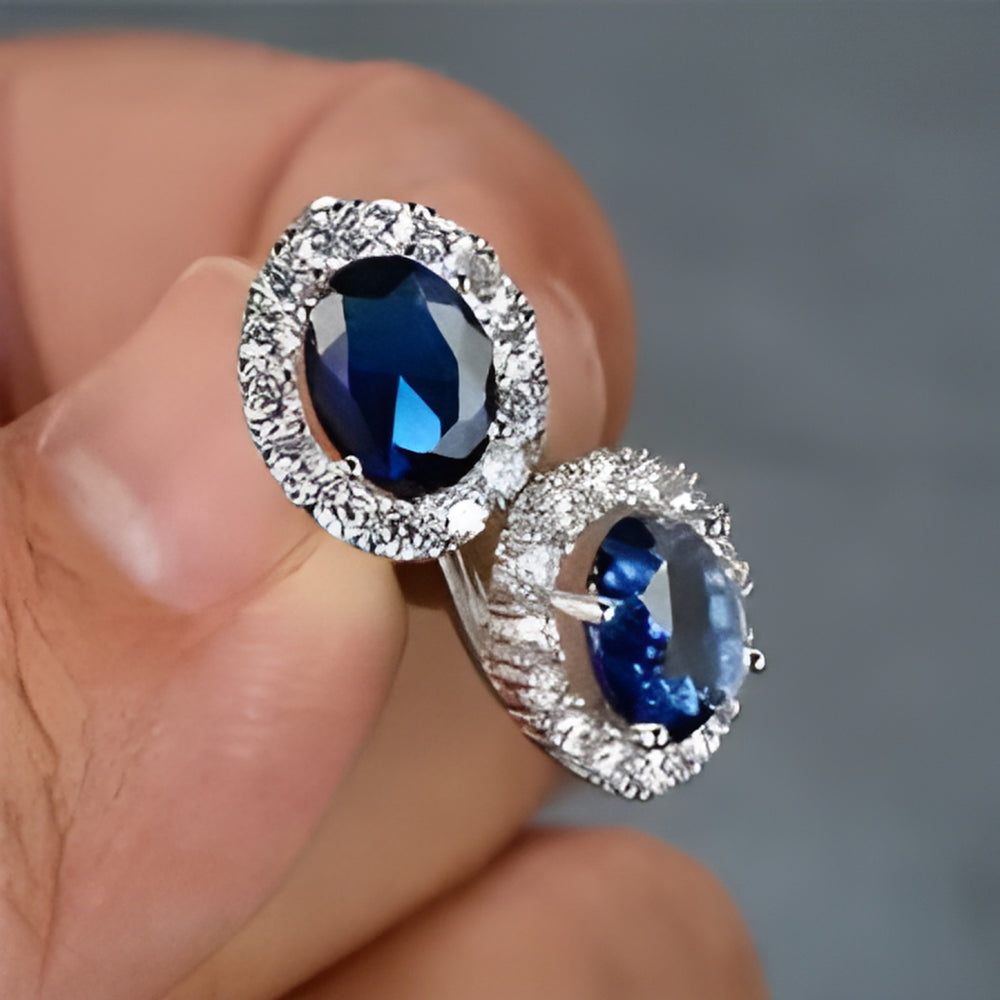 Silver-Tone Oval Royal Blue Crystal Halo Huggie Earrings