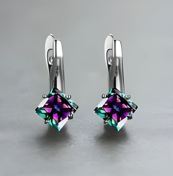 Silver-Tone Princess-Cut Mystic Rainbow Crystal Huggie Earrings