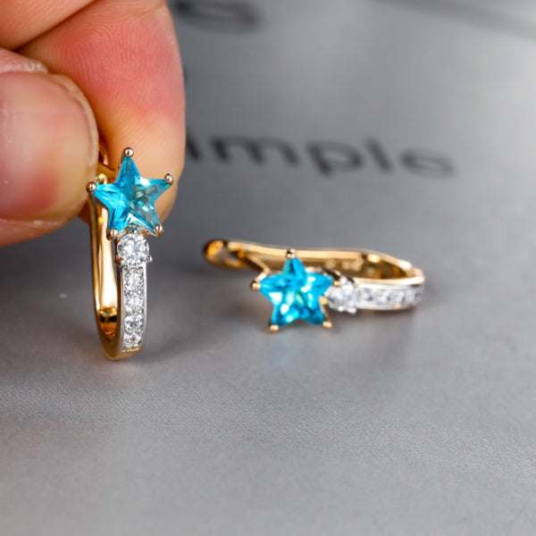 Champagne Gold-Tone Aqua-Blue Star Crystal Pavé Huggie Earrings