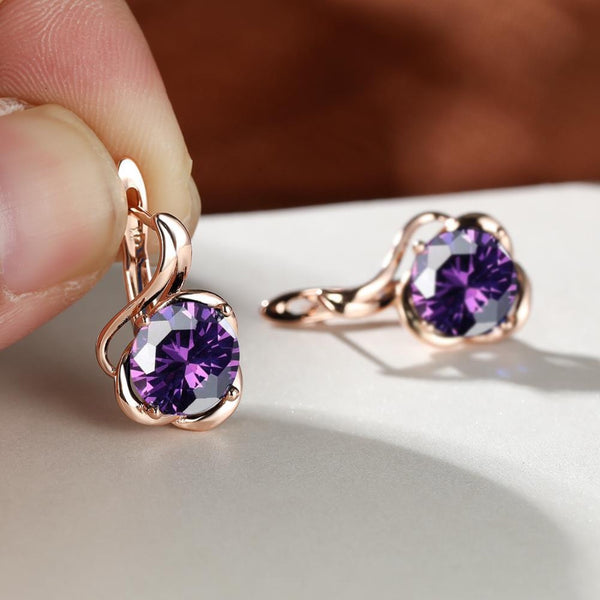 Rose Gold-Tone Purple Round Crystal Swirl Flower Huggie Earrings