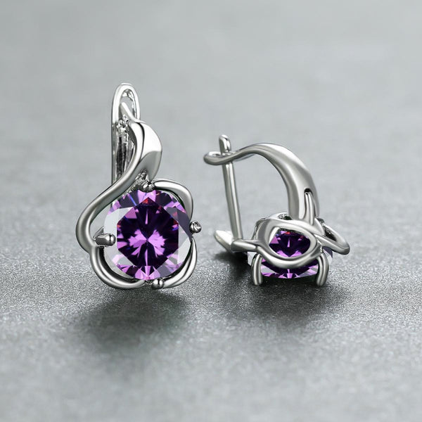 Silver-Tone Purple Crystal Round Swirl Flower Huggie Earrings