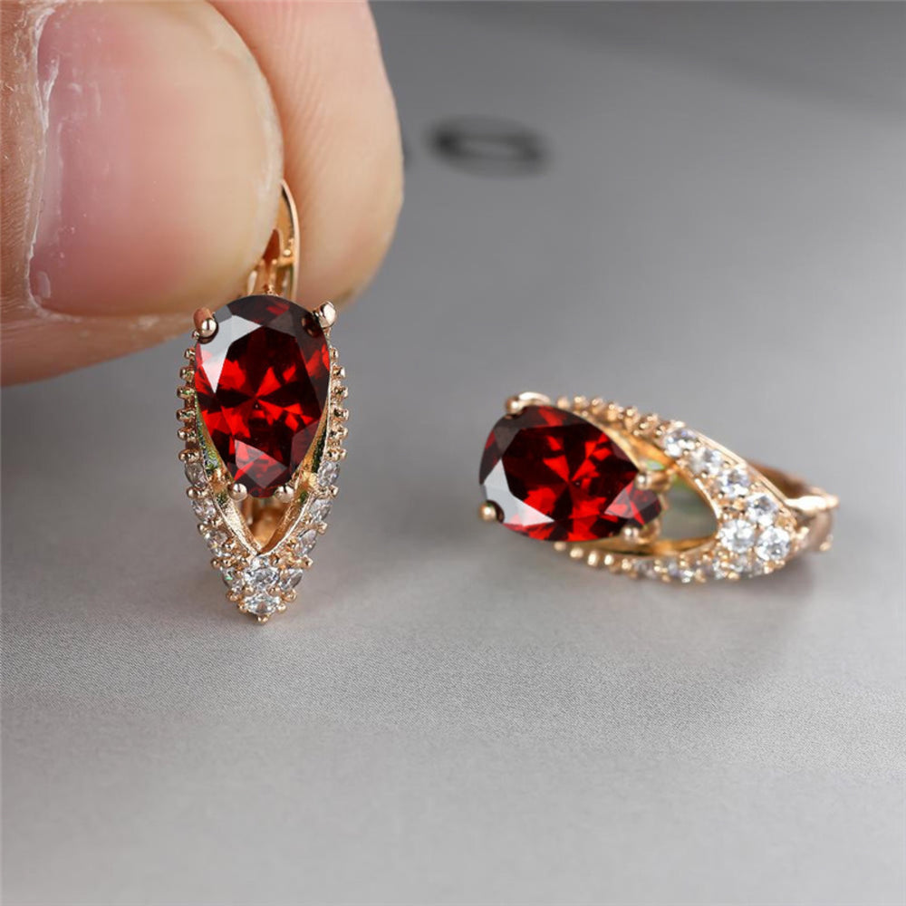 Champagne Gold-Tone Red Crystal Pear V-Frame Huggie Earrings