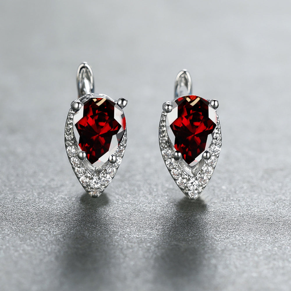 Silver-Tone Red Crystal Pear Drop Chevron Huggie Earrings